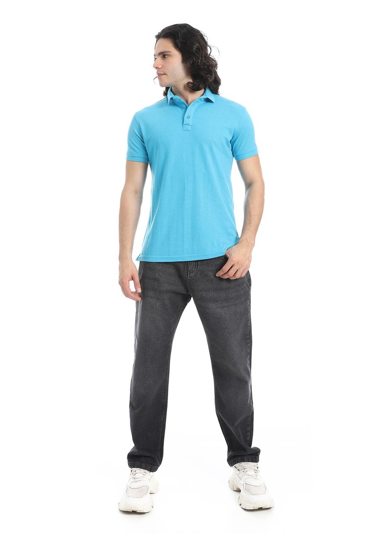 Andora Turn Down Collar Pique Turquoise Polo Shirt_Turquoise - Image 5