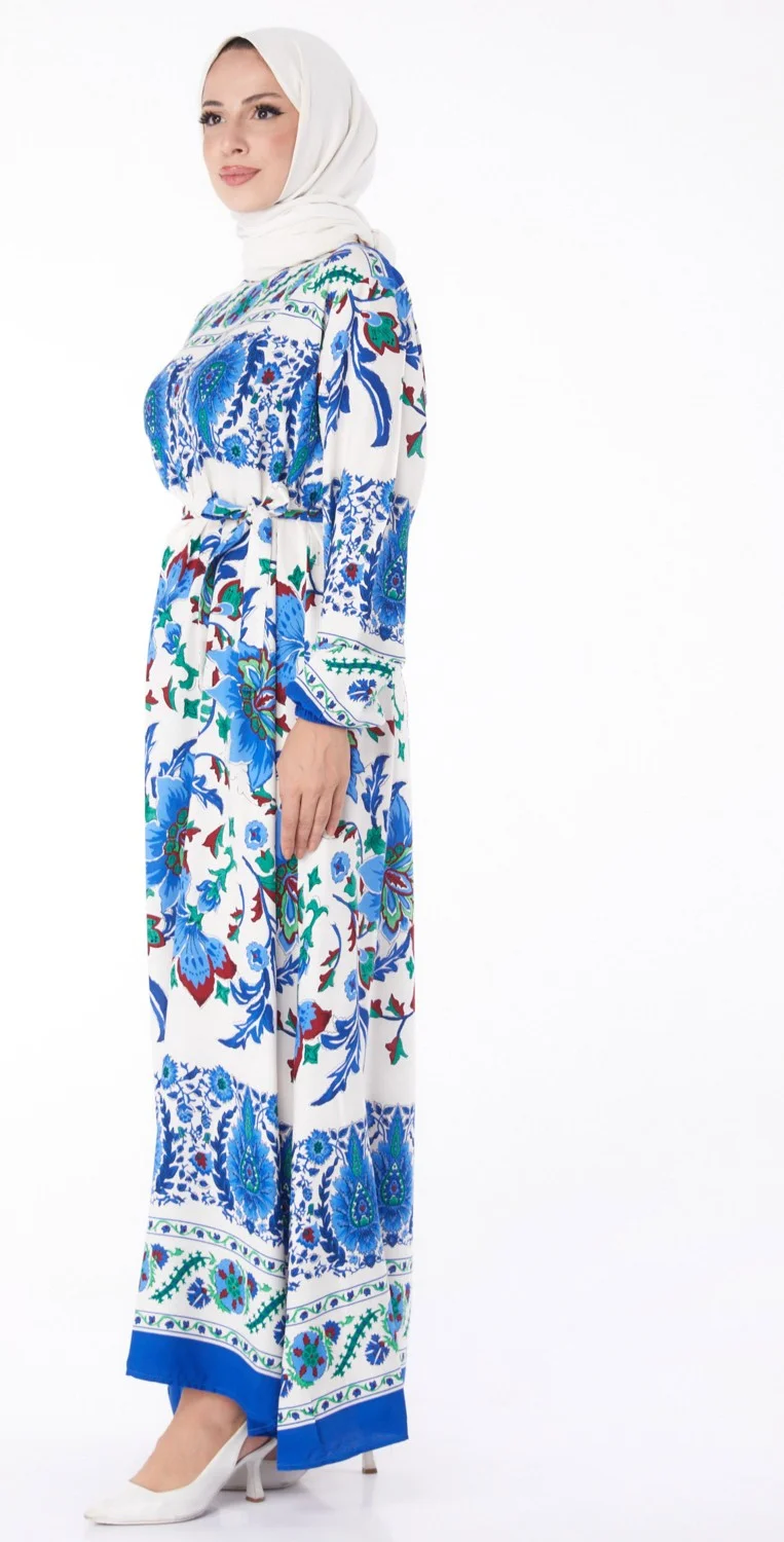 Tofisa Plain Crew Neck Women's Blue Patterned Dress - 26234
