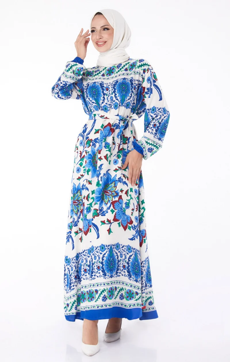 Tofisa Plain Crew Neck Women's Blue Patterned Dress - 26234