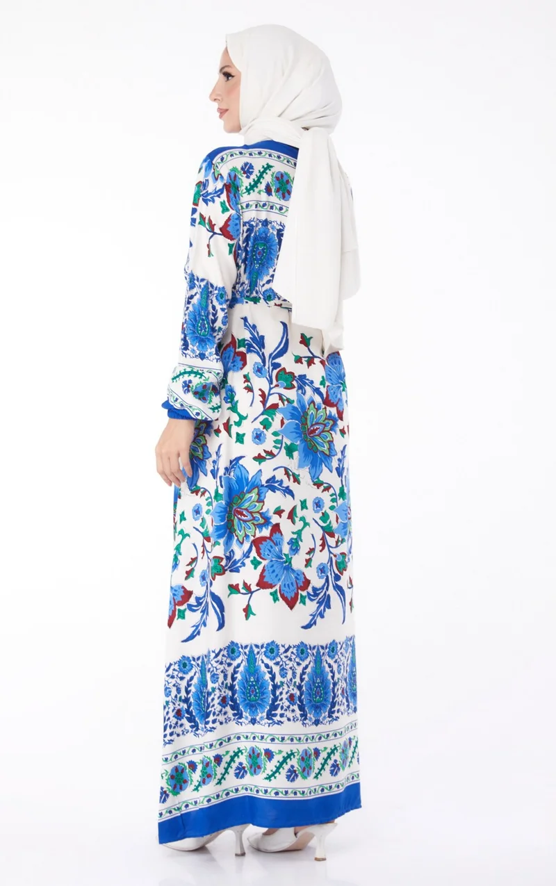 Tofisa Plain Crew Neck Women's Blue Patterned Dress - 26234