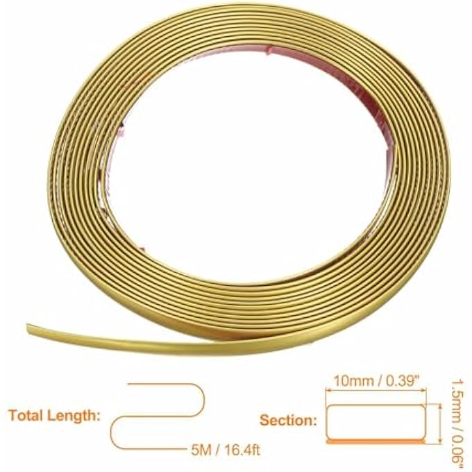 16.4FT X 0.39" WALL TRIM PEEL AND STICK MOLDING TRIM FRAME, FLEXIBLE PVC SELF ADHESIVE ACCENT STRIP FOR WALL, CEILING, FLOOR, CABINET, TILE, EDGE, BORDERS, MIRROR, MATTE GOLD - Image 3