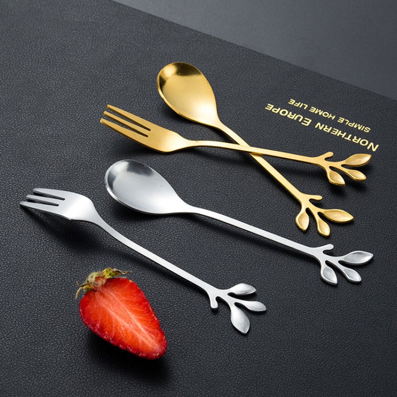 Titanium-Plated Gold Stainless Steel Tableware Set - Unique Branch-Shaped Handles - Luxury Dining Utensils for Coffee Bar Dessert Displays - Image 2