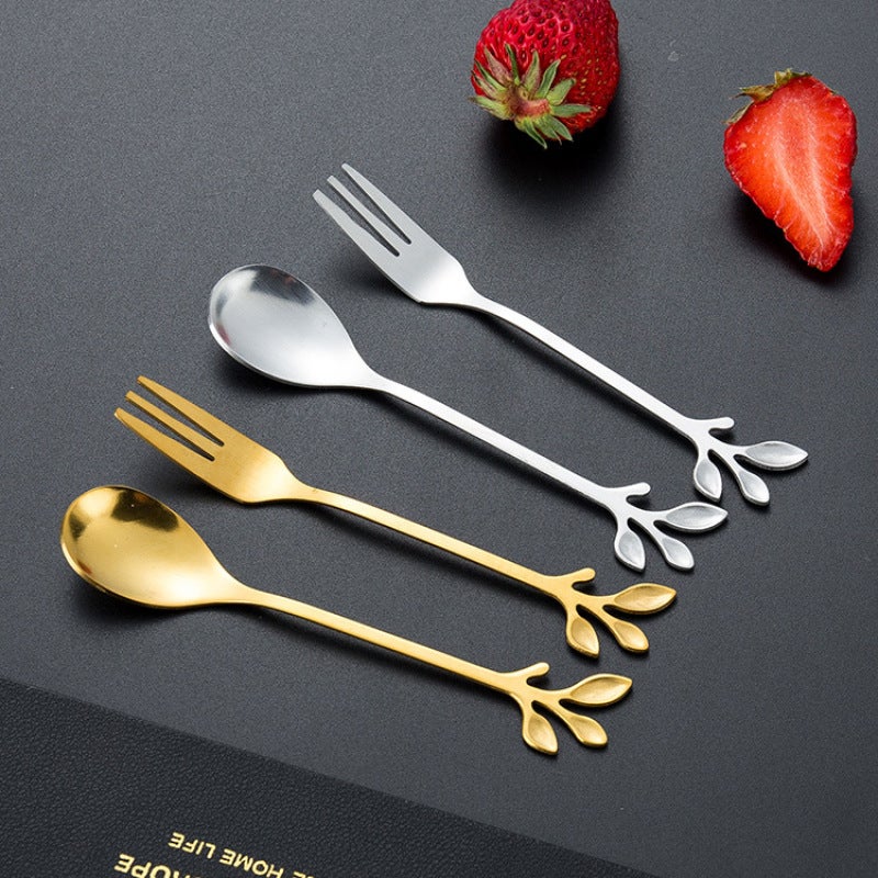Titanium-Plated Gold Stainless Steel Tableware Set - Unique Branch-Shaped Handles - Luxury Dining Utensils for Coffee Bar Dessert Displays - Image 3