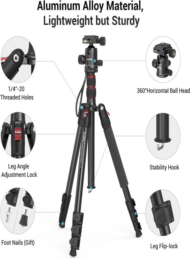 SmallRig Carema Tripod, 78.7" Foldable Aluminum Tripod & Monopod with 360°Ball Head Detachable and Quick Release Plate, Adjustable Height from 18.5" to 78.7" - Image 4