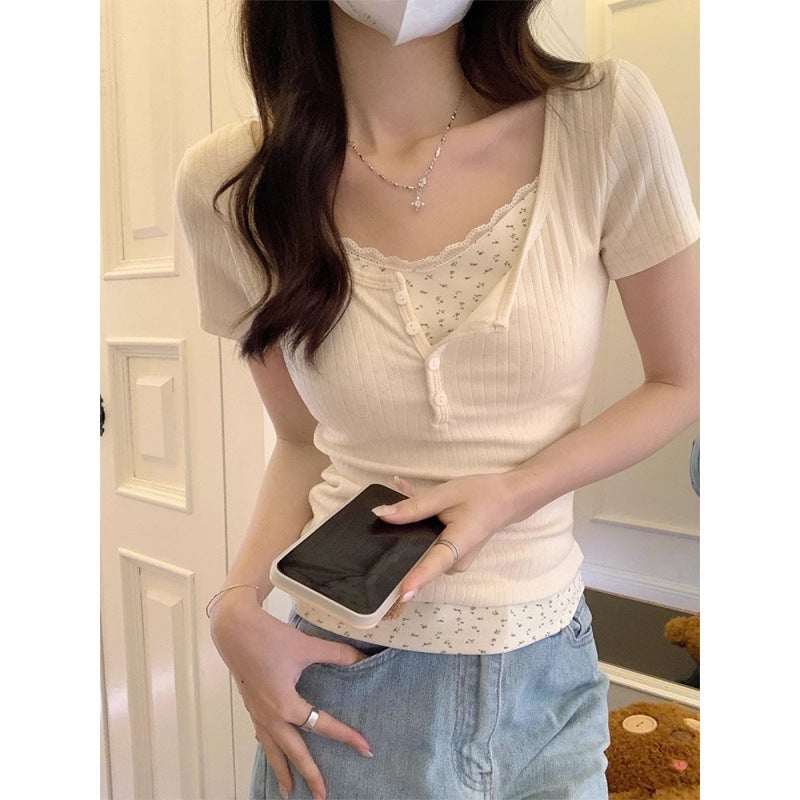 Pure Desire Floral Lace Two-Piece Short Sleeve Summer 2025 T-Shirt New Slim Fit Girl Short Top - Image 4