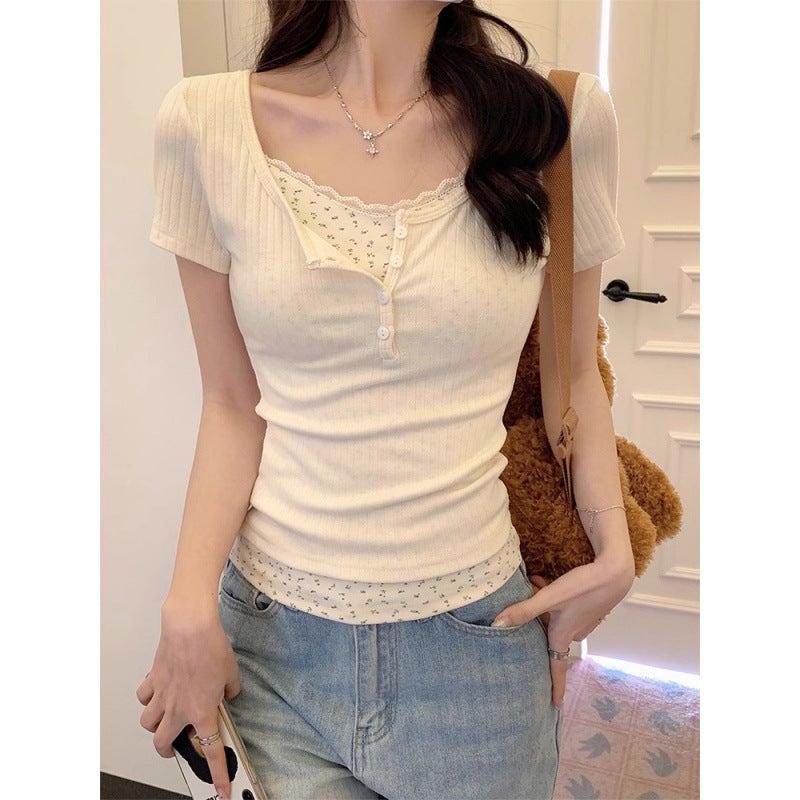Pure Desire Floral Lace Two-Piece Short Sleeve Summer 2025 T-Shirt New Slim Fit Girl Short Top - Image 5