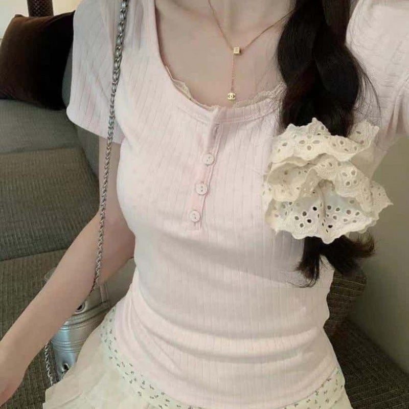 Pure Desire Floral Lace Two-Piece Short Sleeve Summer 2025 T-Shirt New Slim Fit Girl Short Top - Image 1