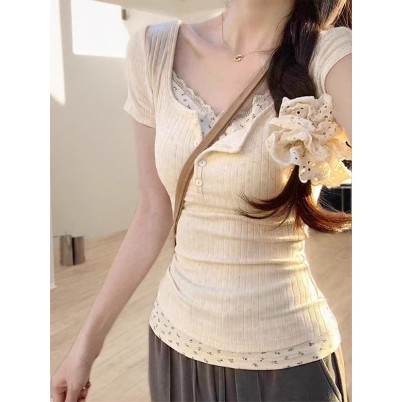 Pure Desire Floral Lace Two-Piece Short Sleeve Summer 2025 T-Shirt New Slim Fit Girl Short Top - Image 3