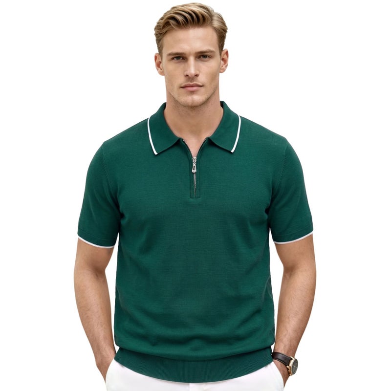 Men's Half-Zip Polo Shirt Short Sleeve Contrast Trim - Image 3