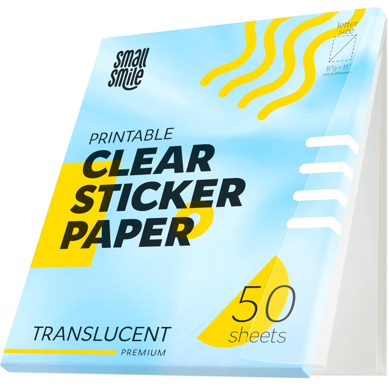 SMALL SMILE 95% Clear Sticker Paper for Inkjet Printer and Laser â€“ 50 Sheets, 8.5x11 Transparent Sticker Paper, Printable Vinyl, Waterproof Clear Labels for DIY Stickers & Decals - Image 1
