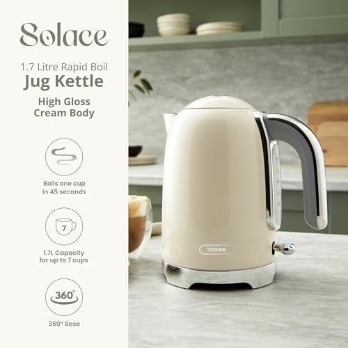 Tower Premium Solace Electric Kettle 1.7L, 1350W | Full Metal Body, Rapid Boil in 45 Seconds, Auto Shut-Off, Boil-Dry Protection, 360° Power Base, Water Level Indicator, 2 Year Warranty (Cream) - Image 2