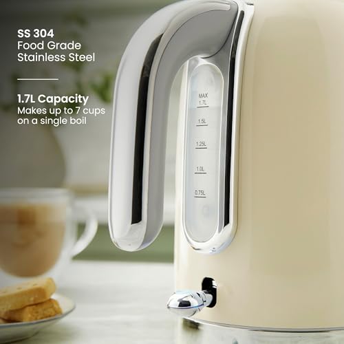 Tower Premium Solace Electric Kettle 1.7L, 1350W | Full Metal Body, Rapid Boil in 45 Seconds, Auto Shut-Off, Boil-Dry Protection, 360° Power Base, Water Level Indicator, 2 Year Warranty (Cream) - Image 4