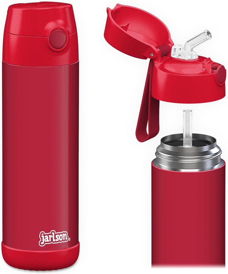 Jarlson قارورة ترمس أطفال جارلسون شارلي 500 مل [مع قشة] - قارورة فولاذية مقاومة للصدأ - ترمس للأطفال والبنات - تحافظ على البرودة - خالية من BPA - مثالية للمدرسة والرياضة والسفر (أحمر) - Image 1
