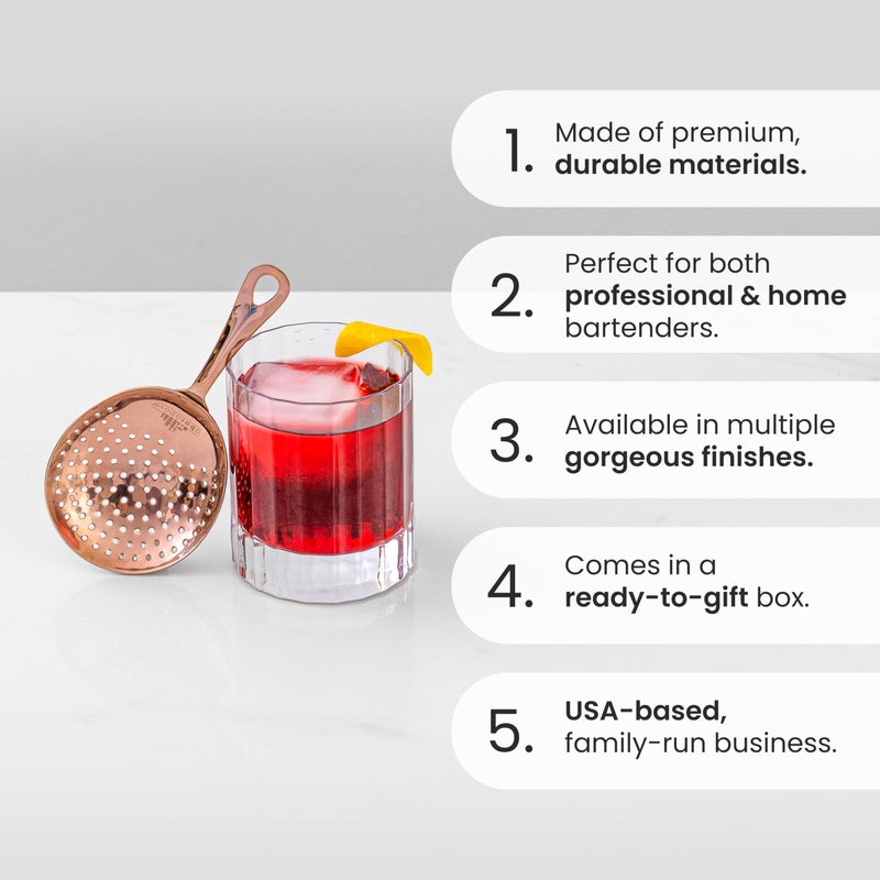 A Bar Above Stainless Steel Julep Strainer, 304 Metal Cocktail Sieve for Spirit-Forward Drinks, Rounded Handle Bartender Tool for Mixing Glasses and Shakers, Professional-Grade Drink Strainer - Image 2