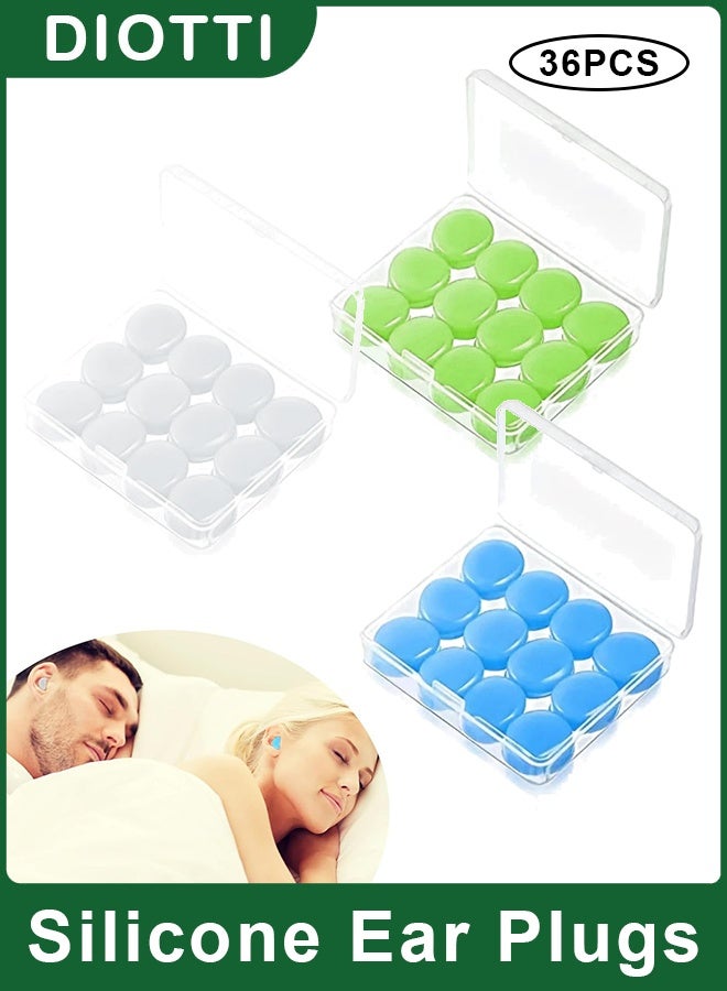 DIOTTI 36 PCS Reusable Moldable Silicone Ear Plugs, Noise Cancelling & Waterproof Earplugs for Sleeping, Swimming, Travel, Snoring, Concerts (Blue, Green, Transparent) - Image 1