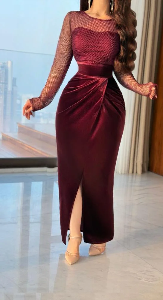 Opera Fashion Burgundy Velvet Evening Dress with Sequined Chiffon Sleeves