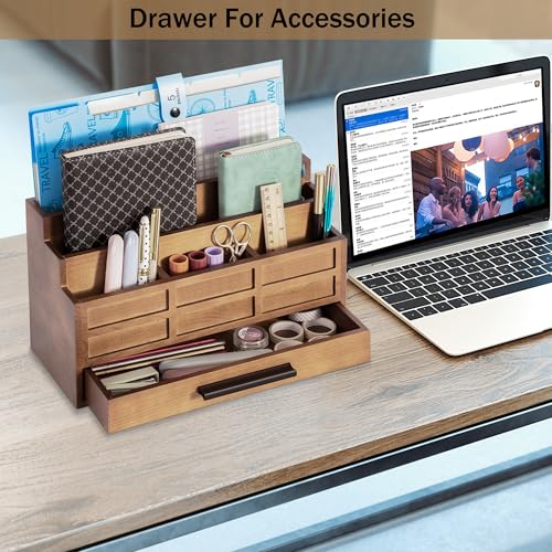 dreampossible Brown Wood Desk Organizer and Accessories with Drawer, Bill Mail Organizer and File Mail Holder for Office Supplies, Rustic Desk Accessories & Workspace Organizers - Image 3