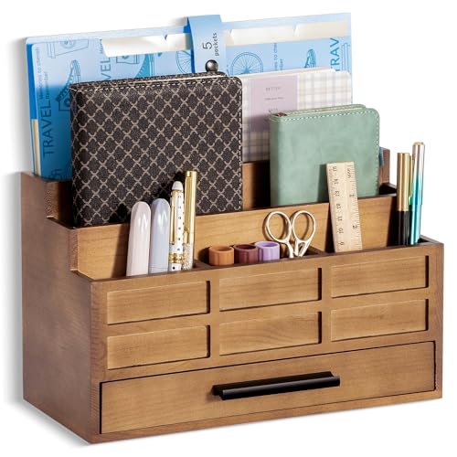 dreampossible Brown Wood Desk Organizer and Accessories with Drawer, Bill Mail Organizer and File Mail Holder for Office Supplies, Rustic Desk Accessories & Workspace Organizers - Image 1