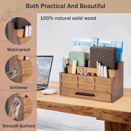 dreampossible Brown Wood Desk Organizer and Accessories with Drawer, Bill Mail Organizer and File Mail Holder for Office Supplies, Rustic Desk Accessories & Workspace Organizers - Image 2