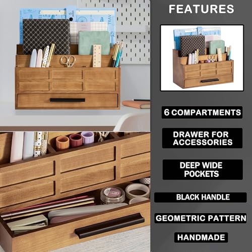 dreampossible Brown Wood Desk Organizer and Accessories with Drawer, Bill Mail Organizer and File Mail Holder for Office Supplies, Rustic Desk Accessories & Workspace Organizers - Image 5