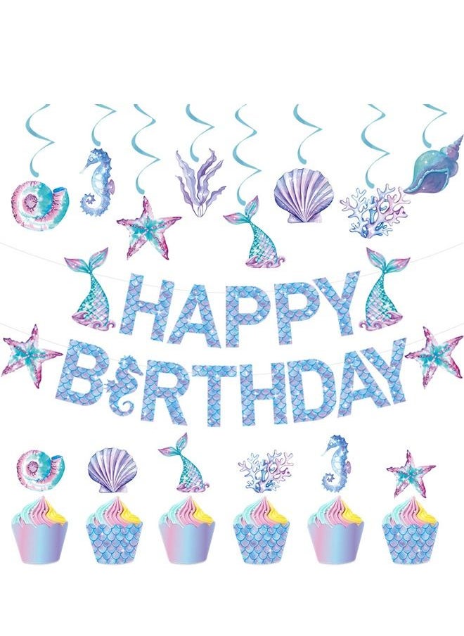 Mermaid Birthday Banner Party Decoration Supplies Set Undersea Cartoon Theme Cake Insert Plaque