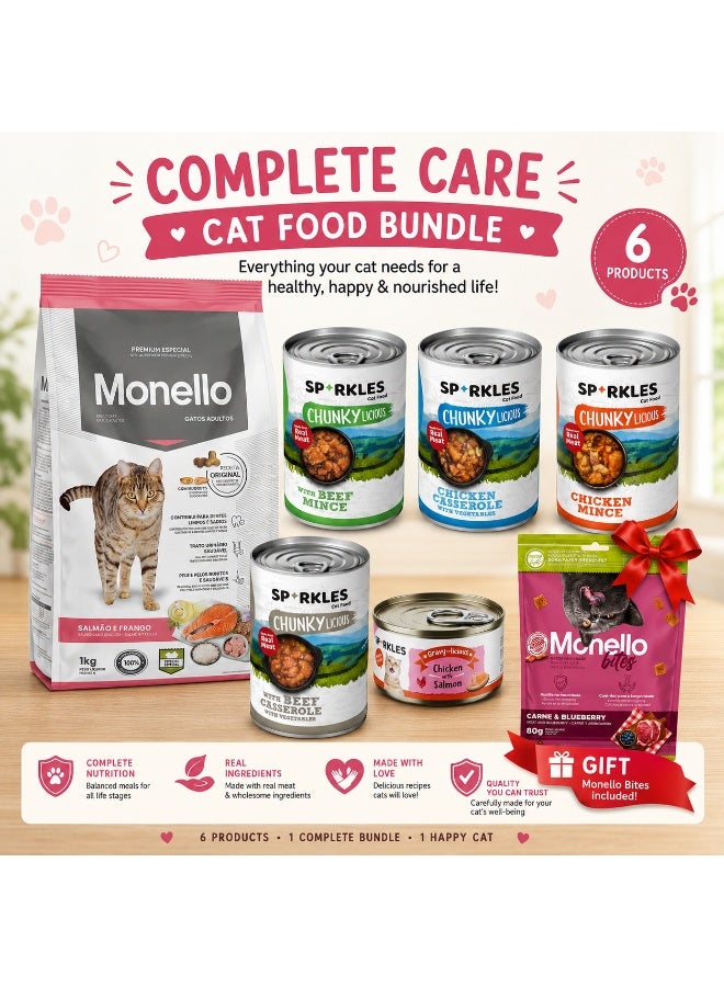 Sparkles & Monello Adult Cat Food Starter Pack - 7 Days Complete Diet Plan with 4 Wet Food Cans 400g (Chicken & Beef Variety) + 1kg Dry Food (Salmon & Chicken) + 80g Premium Can + FREE Immunity Treats Bundle for Cats