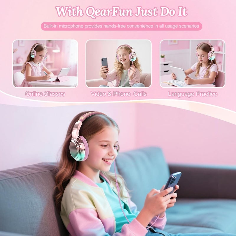 جي واي بي اس سماعات رأس للأطفال من JYPS بتقنية USB C مع ميكروفون، حد أمان للصوت 85/94 ديسيبل، قابلة للطي، فوق الأذن، سلك غير متشابك ومنفذ مشاركة، سماعات رأس سلكية فوق الأذن للمدرسة، Chromebook، جهاز لوحي، السفر - للأولاد والبنات (وردي) - Image 4