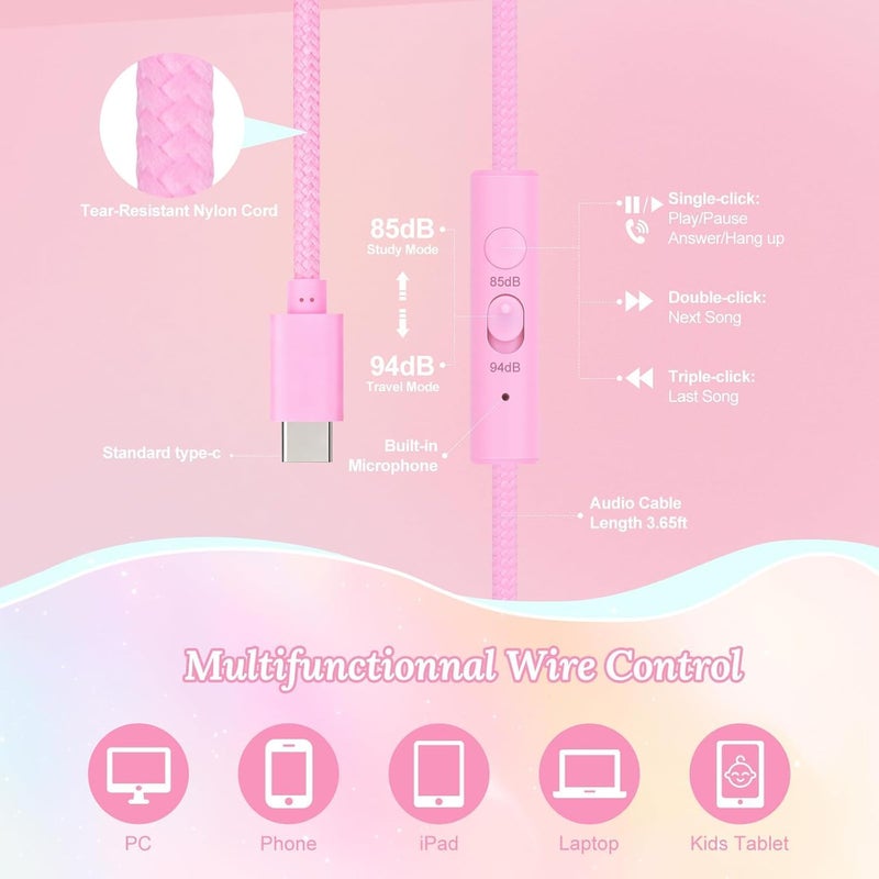 جي واي بي اس سماعات رأس للأطفال من JYPS بتقنية USB C مع ميكروفون، حد أمان للصوت 85/94 ديسيبل، قابلة للطي، فوق الأذن، سلك غير متشابك ومنفذ مشاركة، سماعات رأس سلكية فوق الأذن للمدرسة، Chromebook، جهاز لوحي، السفر - للأولاد والبنات (وردي) - Image 5