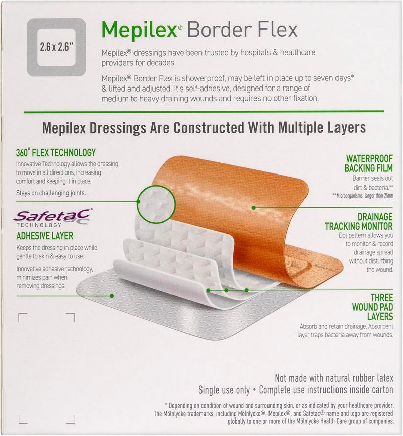 Mepilex ميبيليكس بورد فليكس 4 × 4 بوصة 10 × 10 سم ضمادات من الدرجة الطبية لتمزقات الجلد والحروق الطفيفة والجروح مقاومة للماء مع التصاق يدوم حتى 7 أيام - Image 2