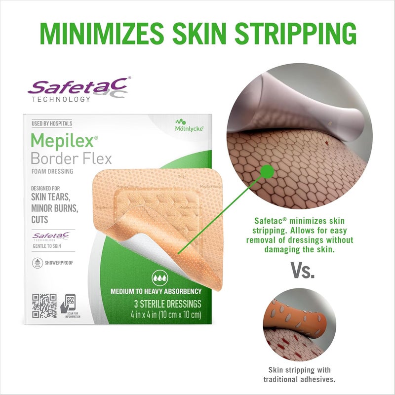 Mepilex ميبيليكس بورد فليكس 4 × 4 بوصة 10 × 10 سم ضمادات من الدرجة الطبية لتمزقات الجلد والحروق الطفيفة والجروح مقاومة للماء مع التصاق يدوم حتى 7 أيام - Image 4