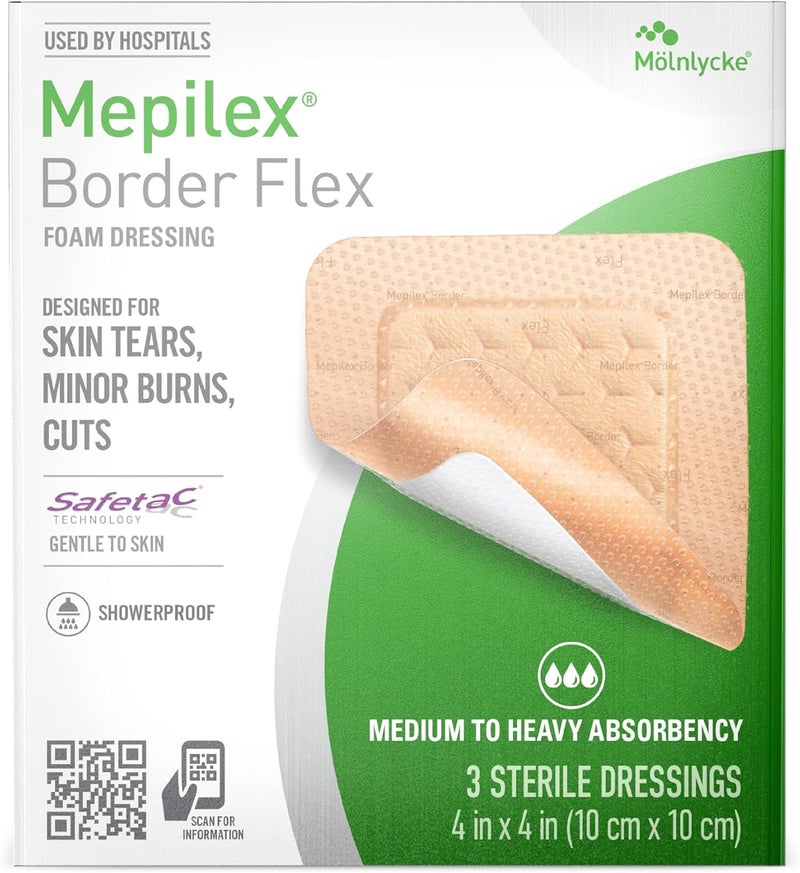 Mepilex ميبيليكس بورد فليكس 4 × 4 بوصة 10 × 10 سم ضمادات من الدرجة الطبية لتمزقات الجلد والحروق الطفيفة والجروح مقاومة للماء مع التصاق يدوم حتى 7 أيام - Image 1