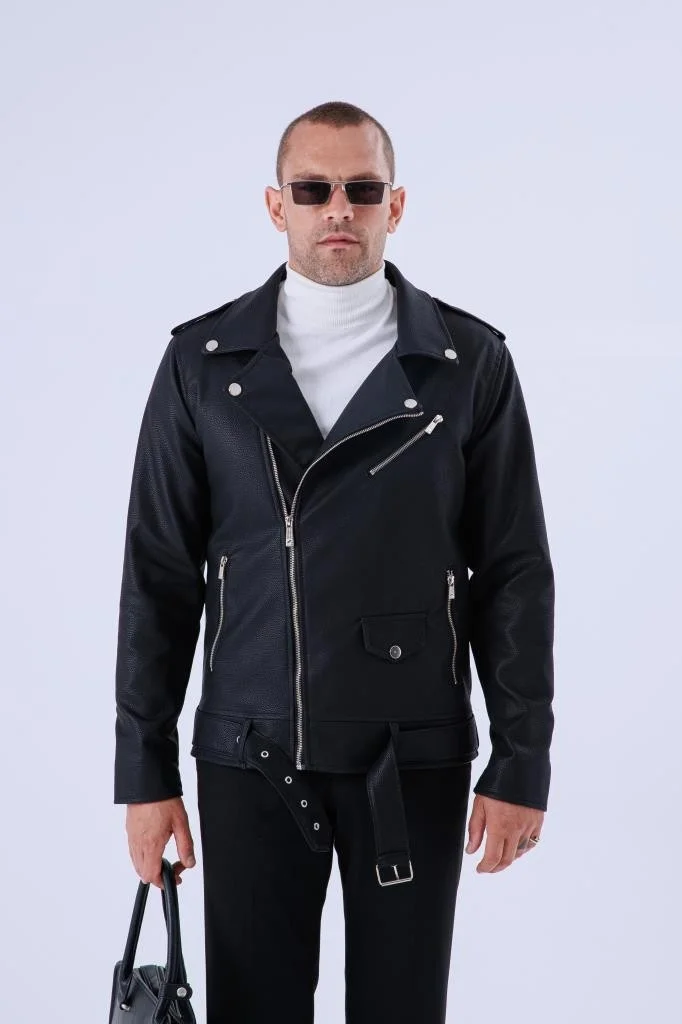 Gavazzi Men's Black Leather and Fur Inside Water and Windproof Mono Collar Double Breasted Leather Jacket