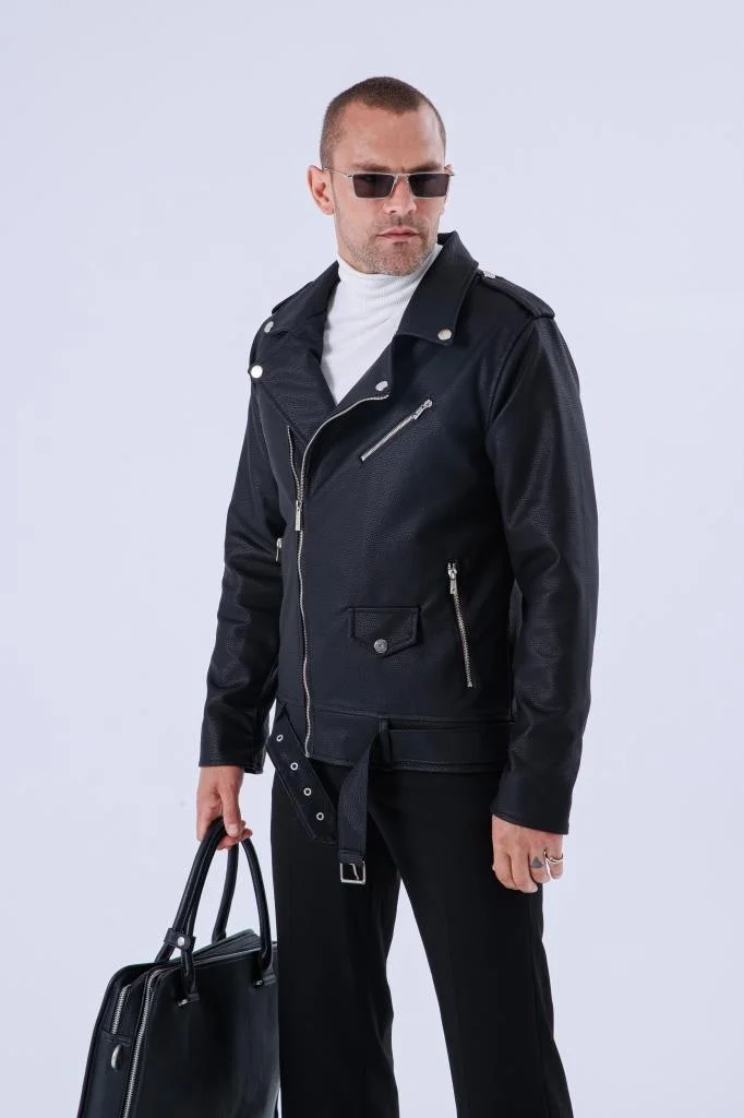 Gavazzi Men's Black Leather and Fur Inside Water and Windproof Mono Collar Double Breasted Leather Jacket