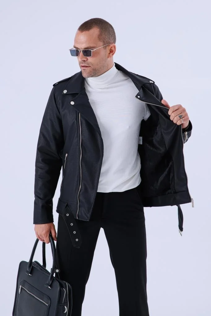 Gavazzi Men's Black Leather and Fur Inside Water and Windproof Mono Collar Double Breasted Leather Jacket