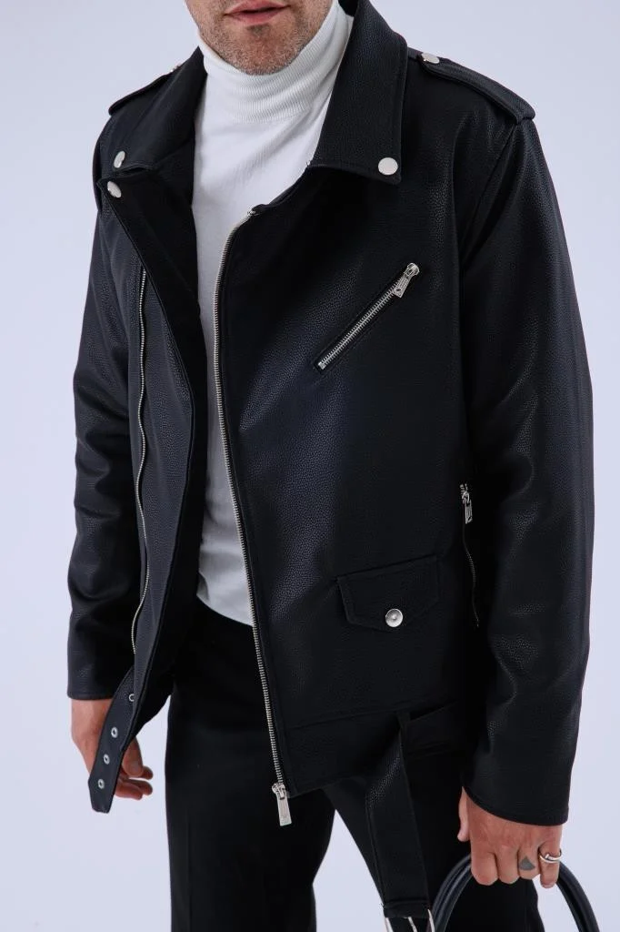 Gavazzi Men's Black Leather and Fur Inside Water and Windproof Mono Collar Double Breasted Leather Jacket