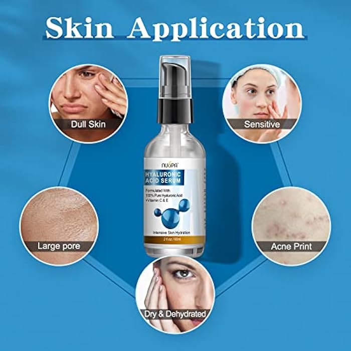 NUSPA 100% Pure Hyaluronic Acid Serum for Face Neck Body with Vitamin C Vitamin E for Skincare Hydrate, Moisturizer, Plump Skin, Reduce Wrinkles, Anti Aging Serum, 2 Oz - Image 5
