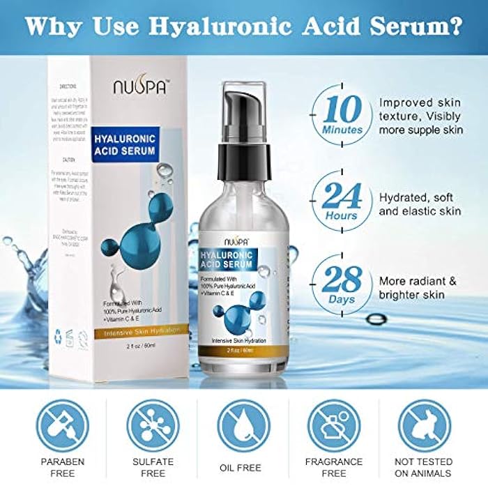 NUSPA 100% Pure Hyaluronic Acid Serum for Face Neck Body with Vitamin C Vitamin E for Skincare Hydrate, Moisturizer, Plump Skin, Reduce Wrinkles, Anti Aging Serum, 2 Oz - Image 2