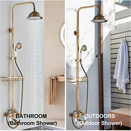 Gmusre Antique Brass Shower System Outdoor Shower Fixtures with 8 Inch Rain Shower Head and Double Cross Handles Bathroom Shower Faucet Set - Image 2
