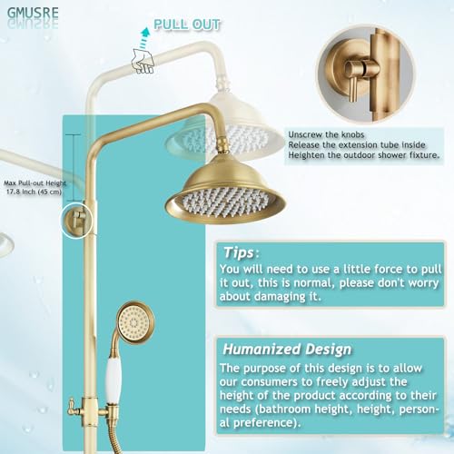 Gmusre Antique Brass Shower System Outdoor Shower Fixtures with 8 Inch Rain Shower Head and Double Cross Handles Bathroom Shower Faucet Set - Image 5