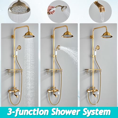 Gmusre Antique Brass Shower System Outdoor Shower Fixtures with 8 Inch Rain Shower Head and Double Cross Handles Bathroom Shower Faucet Set - Image 4