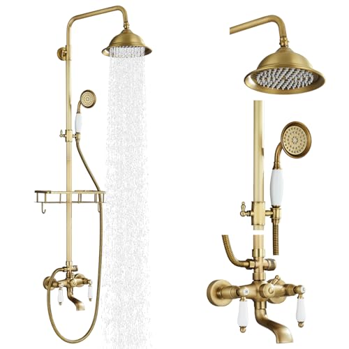 Gmusre Antique Brass Shower System Outdoor Shower Fixtures with 8 Inch Rain Shower Head and Double Cross Handles Bathroom Shower Faucet Set - Image 1