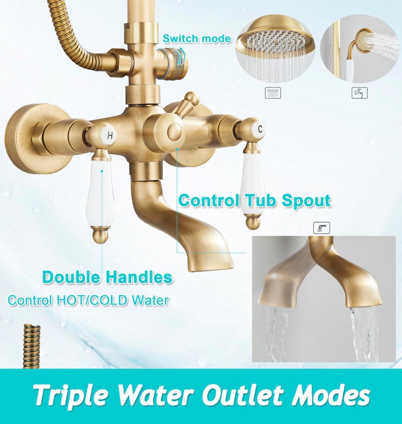 Gmusre Antique Brass Shower System Outdoor Shower Fixtures with 8 Inch Rain Shower Head and Double Cross Handles Bathroom Shower Faucet Set - Image 3