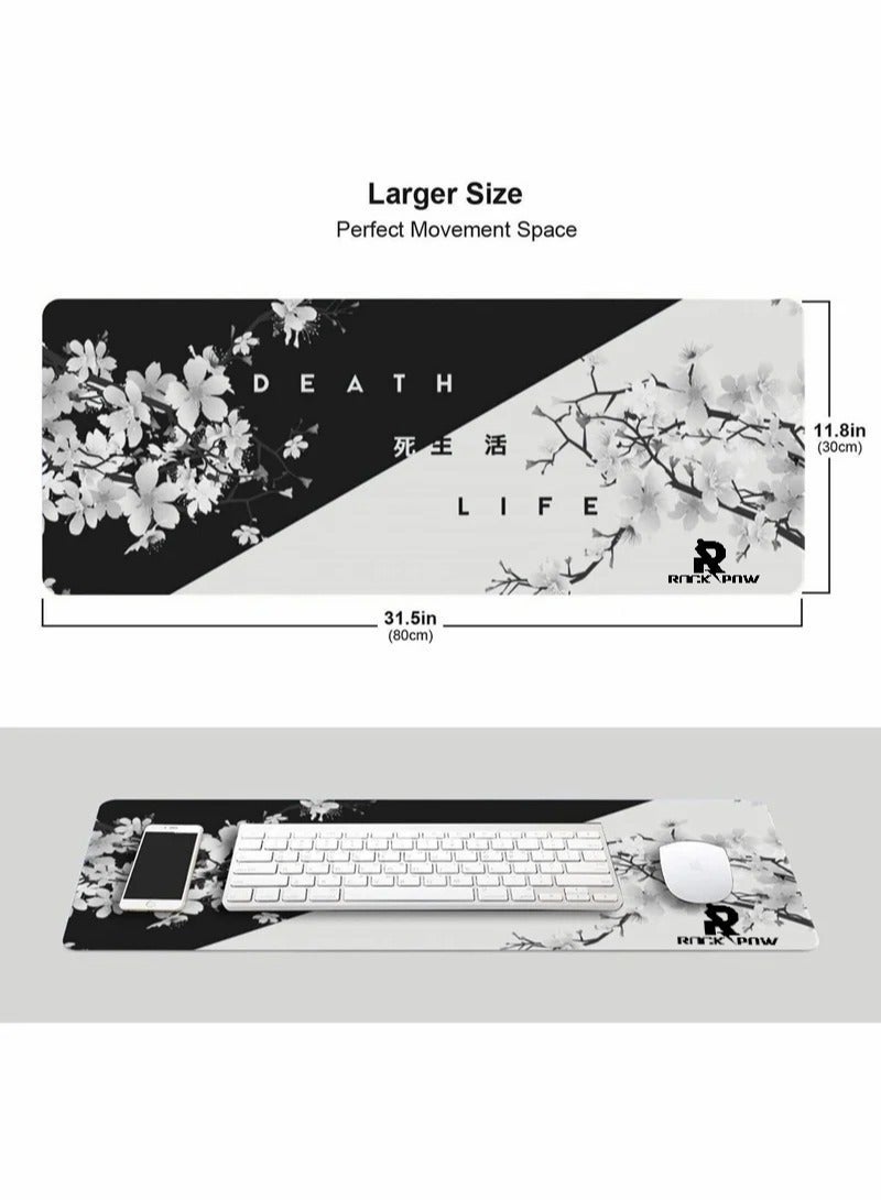 روك بو لعبة لوحة الماوس الأسود والأبيض زهرة الكرز وسادة طويلة طاولة كبيرة وسادة خياطة حافة لوحة الماوس طويلة غير زلة المطاط قاعدة لوحة الماوس ( 800 * 300 * 3mm ) - Image 4