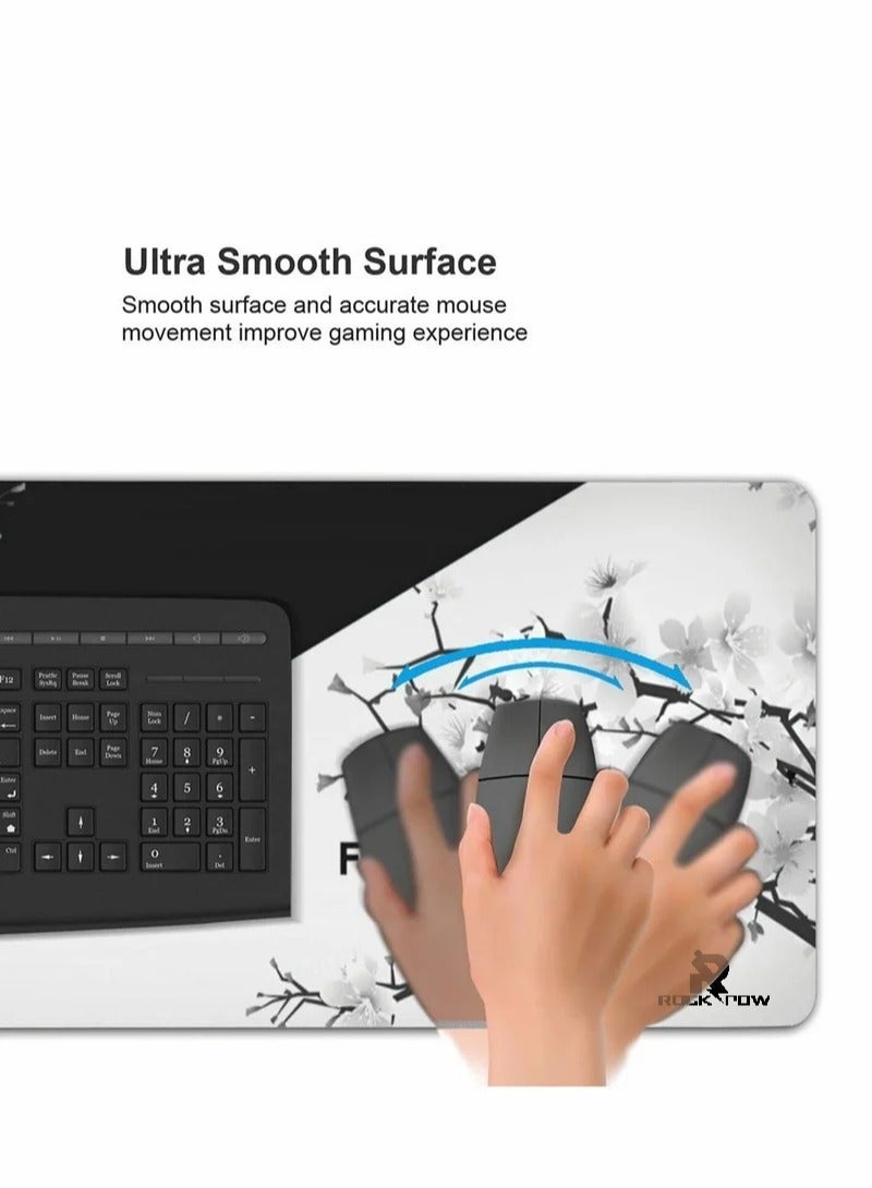 روك بو لعبة لوحة الماوس الأسود والأبيض زهرة الكرز وسادة طويلة طاولة كبيرة وسادة خياطة حافة لوحة الماوس طويلة غير زلة المطاط قاعدة لوحة الماوس ( 800 * 300 * 3mm ) - Image 2