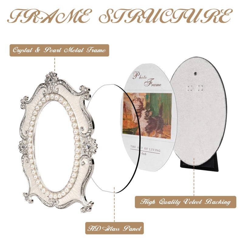 Essovee Vintage Picture Frames 4X6 Metal Vintage Photo Frame Oval Photo Frame With Crystal And Pearl Decoration Hd Glass  Suitable For Elegant Home Decor Memory Keepsake Display Gift White - Image 5