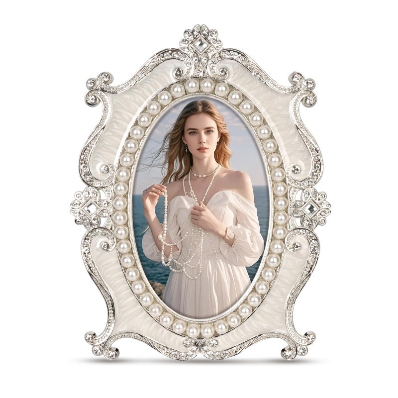 Essovee Vintage Picture Frames 4X6 Metal Vintage Photo Frame Oval Photo Frame With Crystal And Pearl Decoration Hd Glass  Suitable For Elegant Home Decor Memory Keepsake Display Gift White - Image 1