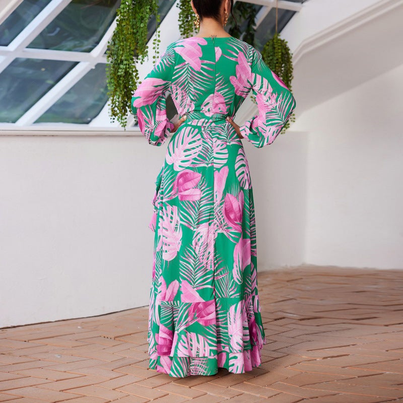 Women's 2025 Autumn Print V-Neck High Waist Long Dress - Image 3