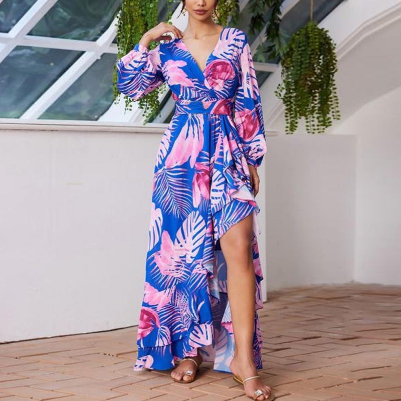 Women's 2025 Autumn Print V-Neck High Waist Long Dress - Image 2