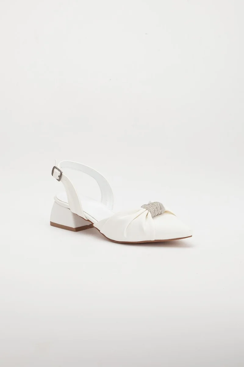 Dilimler Ayakkabı Satin Slit Belly Model Bow Stone White Large Size Women's Shoes with High Heels