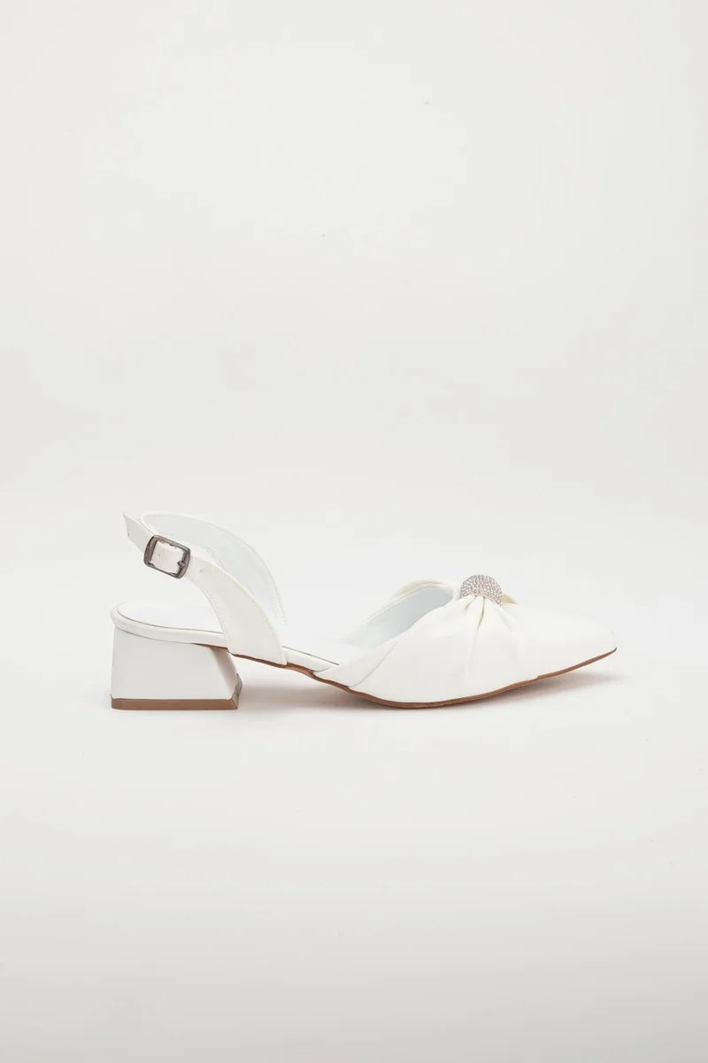 Dilimler Ayakkabı Satin Slit Belly Model Bow Stone White Large Size Women's Shoes with High Heels